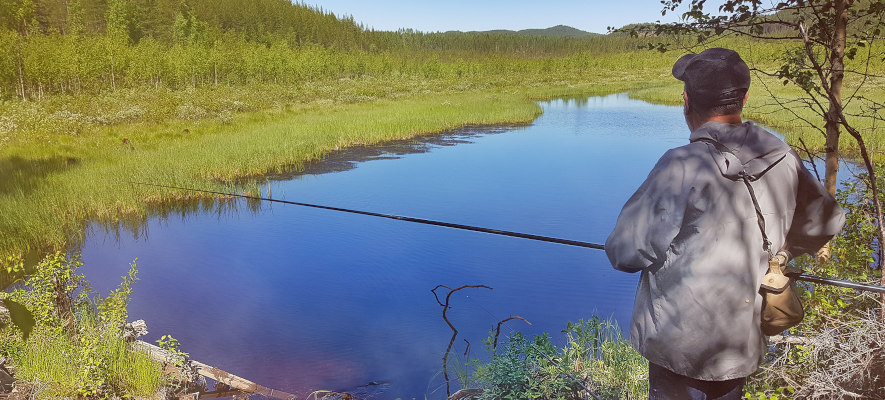 Fiske i en bekk på en solrik dag