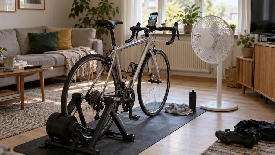 Enkelt hjemmeoppsett for innendørssykling med landeveissykkel på rulletrainer, telefon i styrestativ og gulvvifte