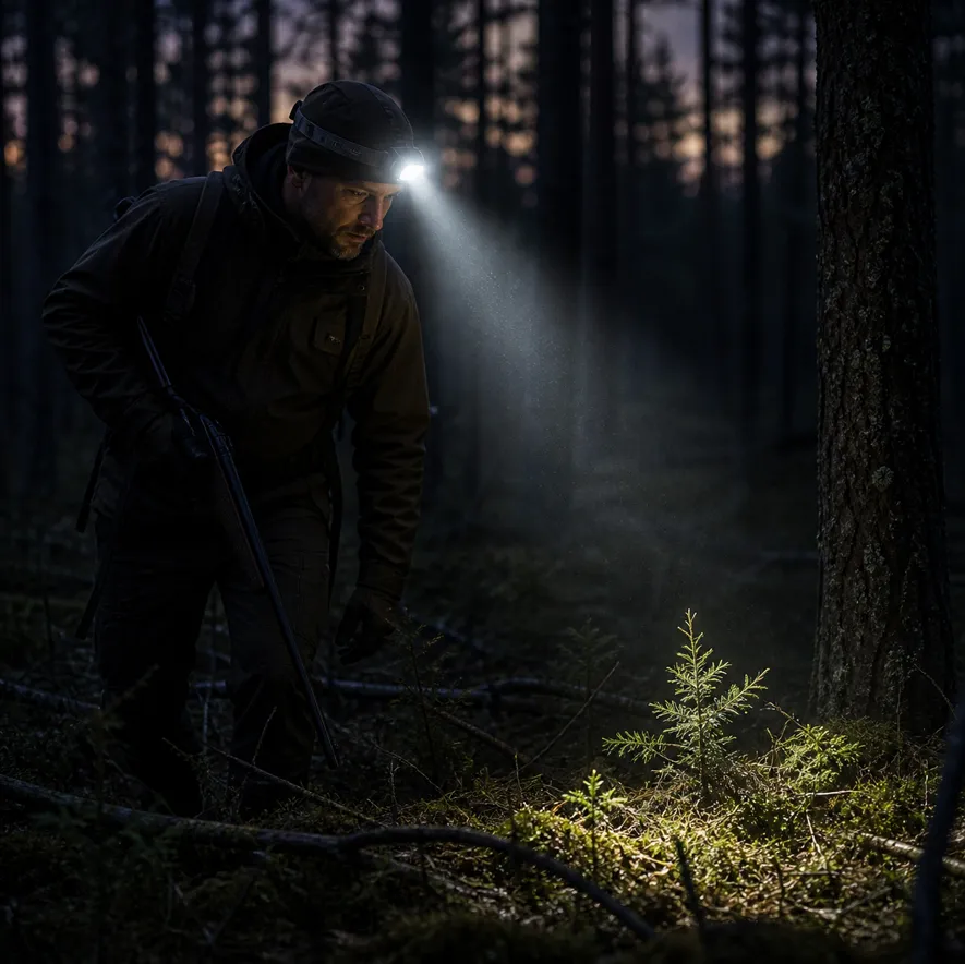 Jeger med ettersøkslykt i mørk skog under ettersøk