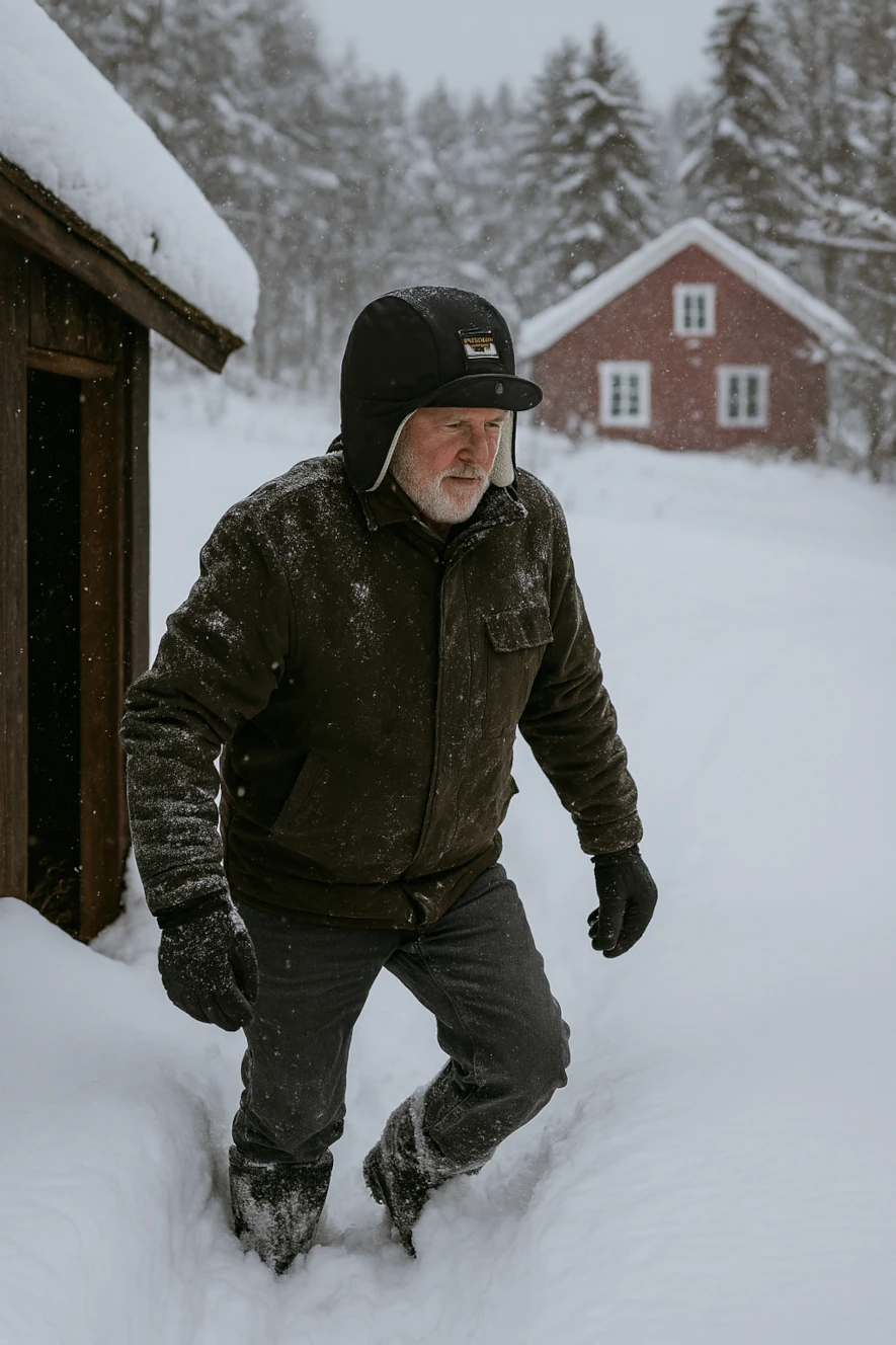 På vei fra uthuset en snødekt vinterdag i januar 2025, med fjellue på hodet som skjermer mot vind og snø
