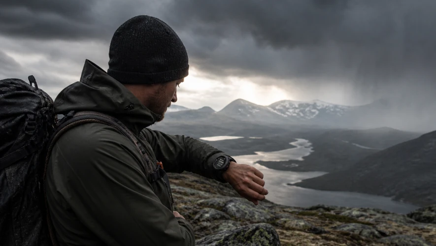 Person i fjellet med Garmin-klokke med SOS-funksjon
