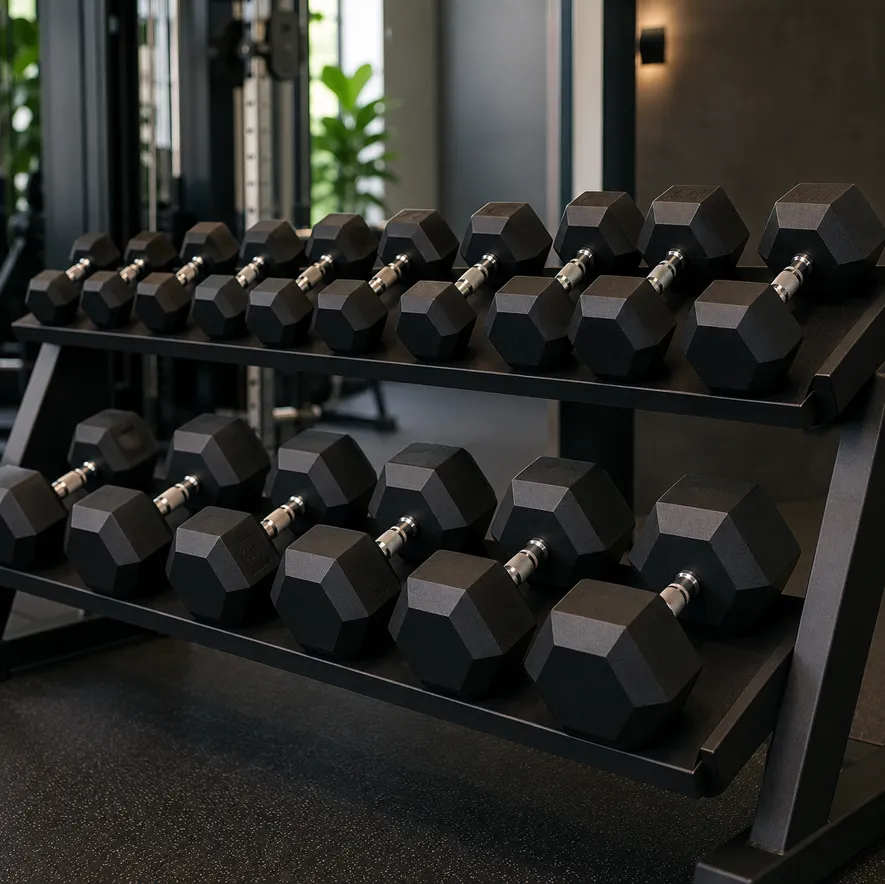 Sekskantede hexmanualer på manualstativ i gym - stabile og triller ikke