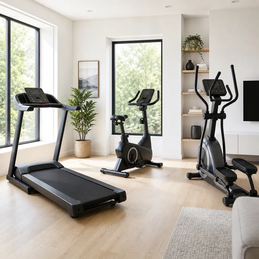 Kondisjonsmaskiner i moderne hjemmegym med lyse vegger og treningssykkel