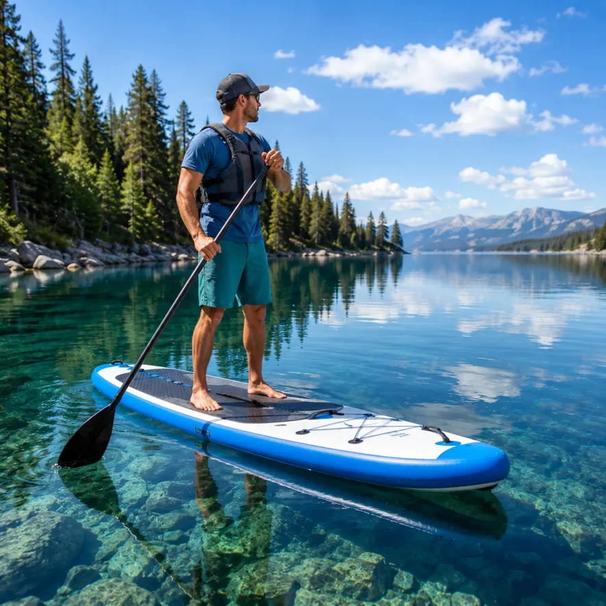 Oppblåsbart SUP-brett på stille vann - stand up paddling med sammenleggbart brett