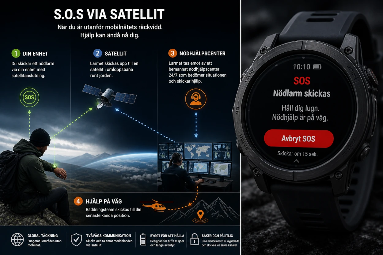Illustrasjon av hvordan Garmin inReach sender SOS via satellitt