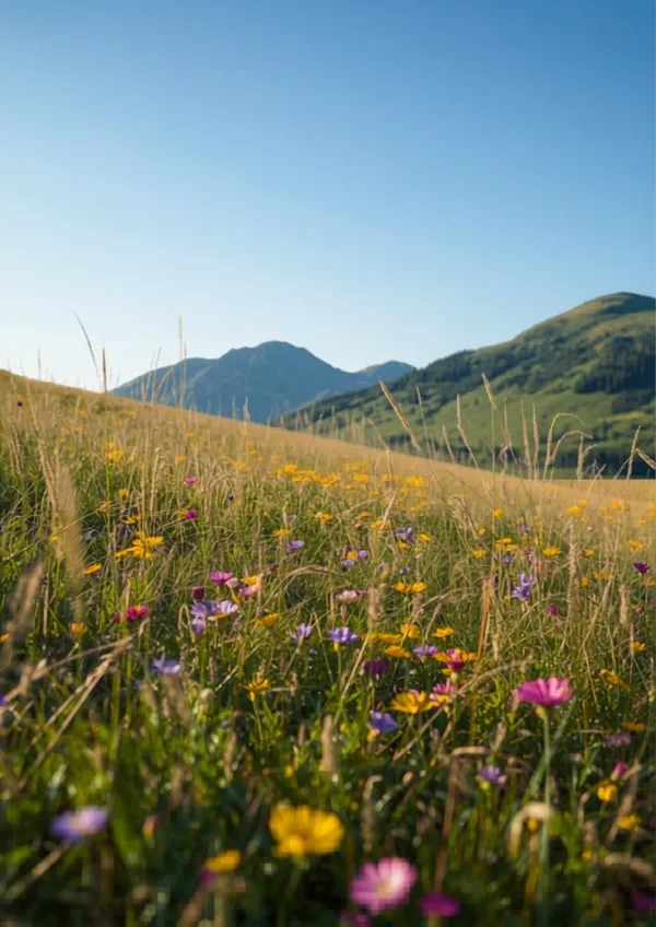 Sommernatt over en grønn eng i solskinn