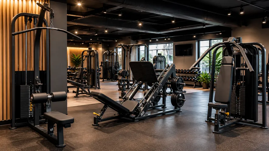 Moderne treningsmaskiner for styrketrening – benpress, nedtrekk og skulderpress