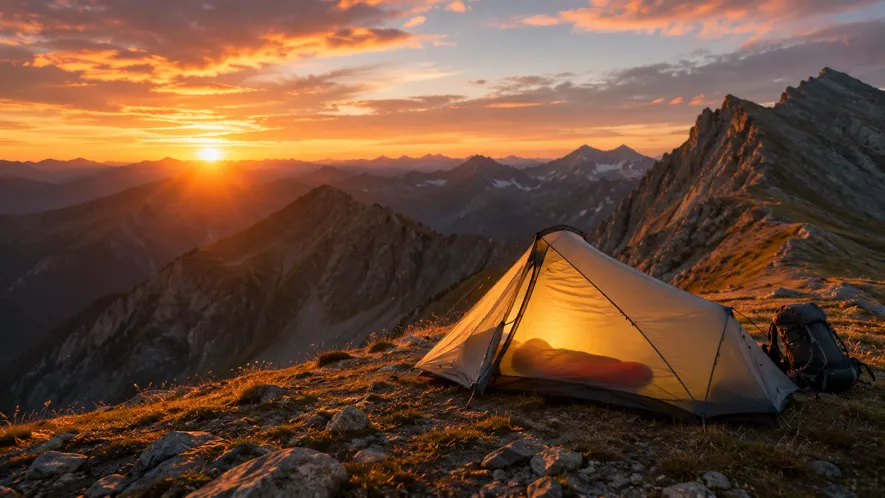 Ultralett enmannstelt på fjellrygg i solnedgang - lettvektstelt under 1 kg for solotur