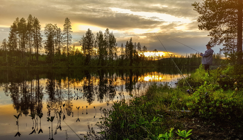 Fisker i solnedgang en varm sommerkveld